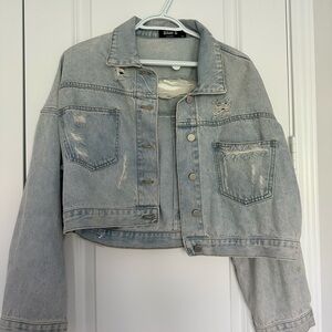 Blue B Women's Light Blue Distressed Jean Jacket with Rhinestones